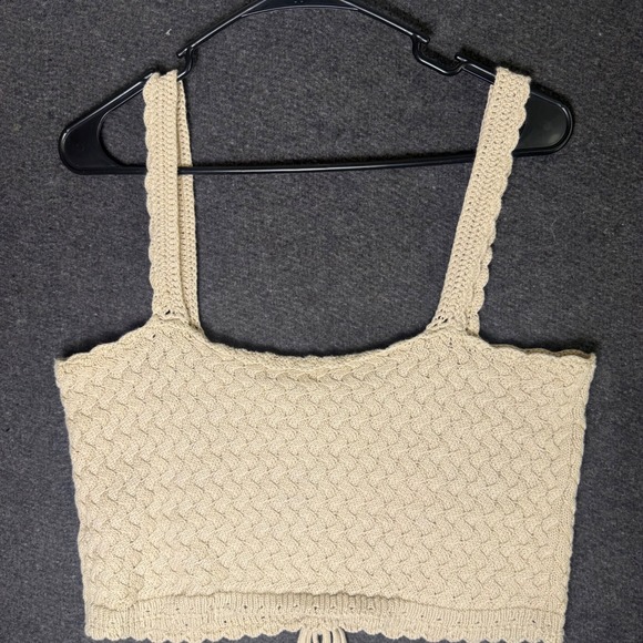 Womens Beige Tan Crochet Knit Crop top chunky preppy boho western sweetheart - Picture 2 of 6